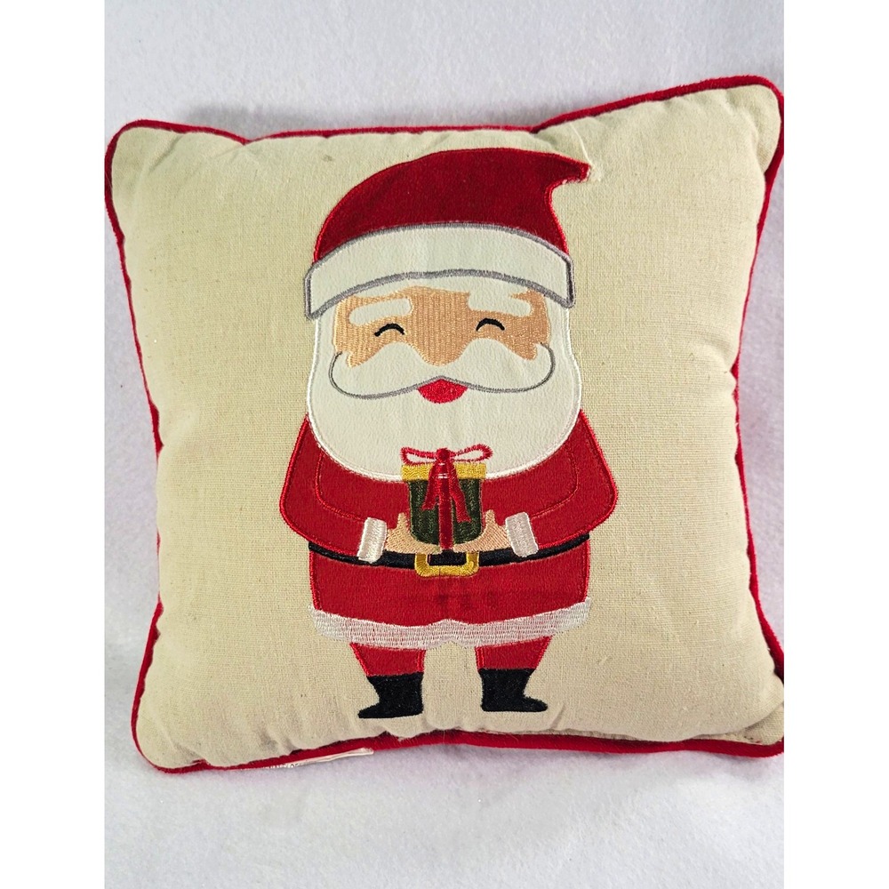 Christmas Santa Claus Embroidered Square Throw Pillow, Beige/Red 10X10